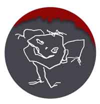 Allgemeingültiges Logo für Kunstgezeiten Kopflüssler in einer runden grauen Scheibe mit rot laufender Farbe